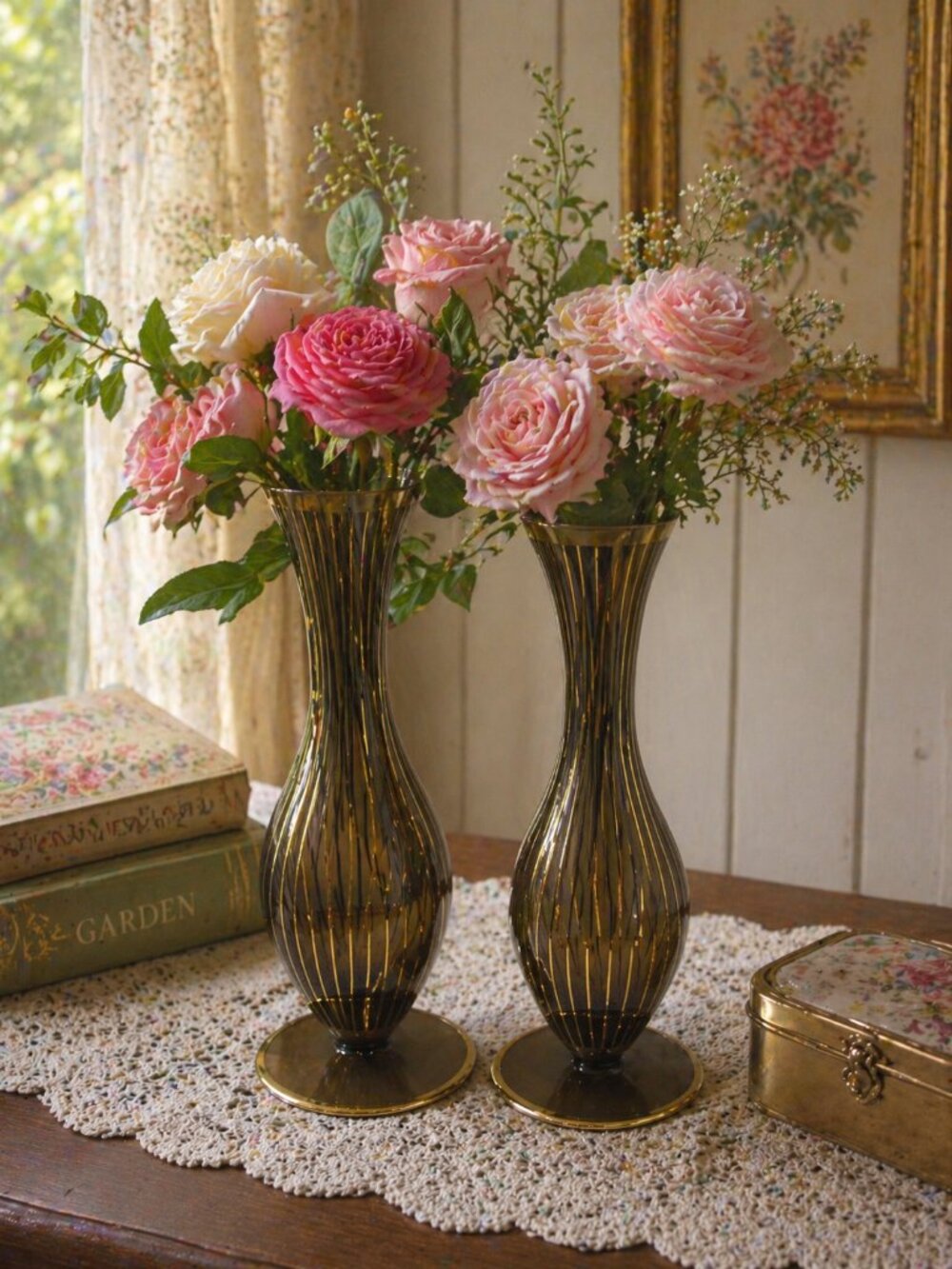 Vintage MCM Brown Glass Vases with Gold Trim